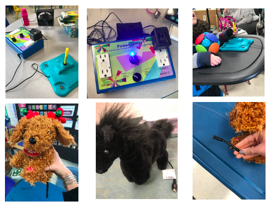 screen shot of six photos showing the battery interruptier, joy stick switch, and stuffed animals