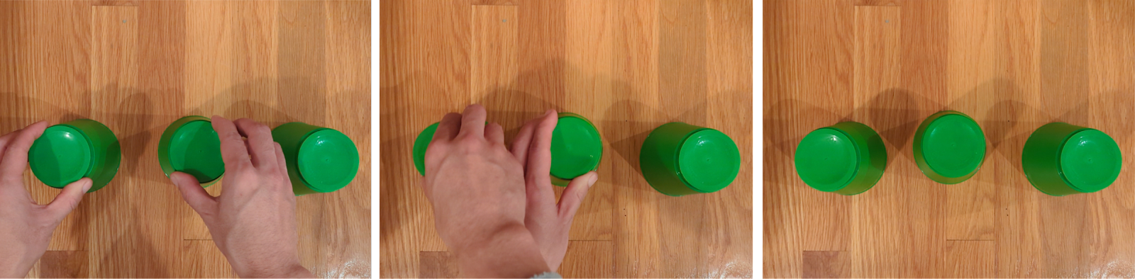 Three frames depicting a person shuffling three green cups. The person switches positions of the middle and left-most cups.