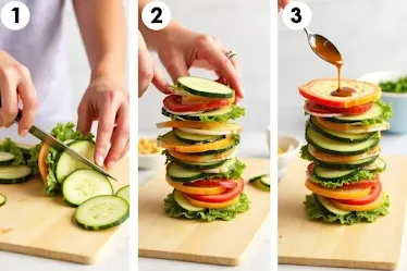 Step-by-step preparation of Greek Feta Salad Tower from slicing to assembly.