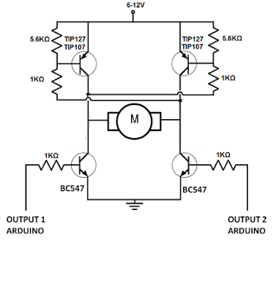 Rangkaian driver motor dc dengan menggunakan rangkaian h-bridge transistor.