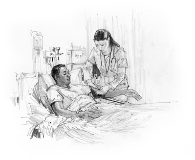 A black and white pencil drawing of a nurse assisting a patient.