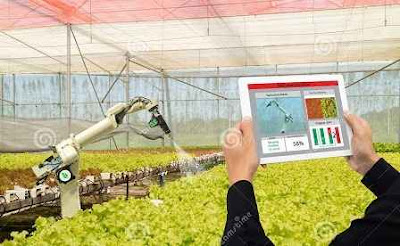 A person is controlling a robot through tablet on farm