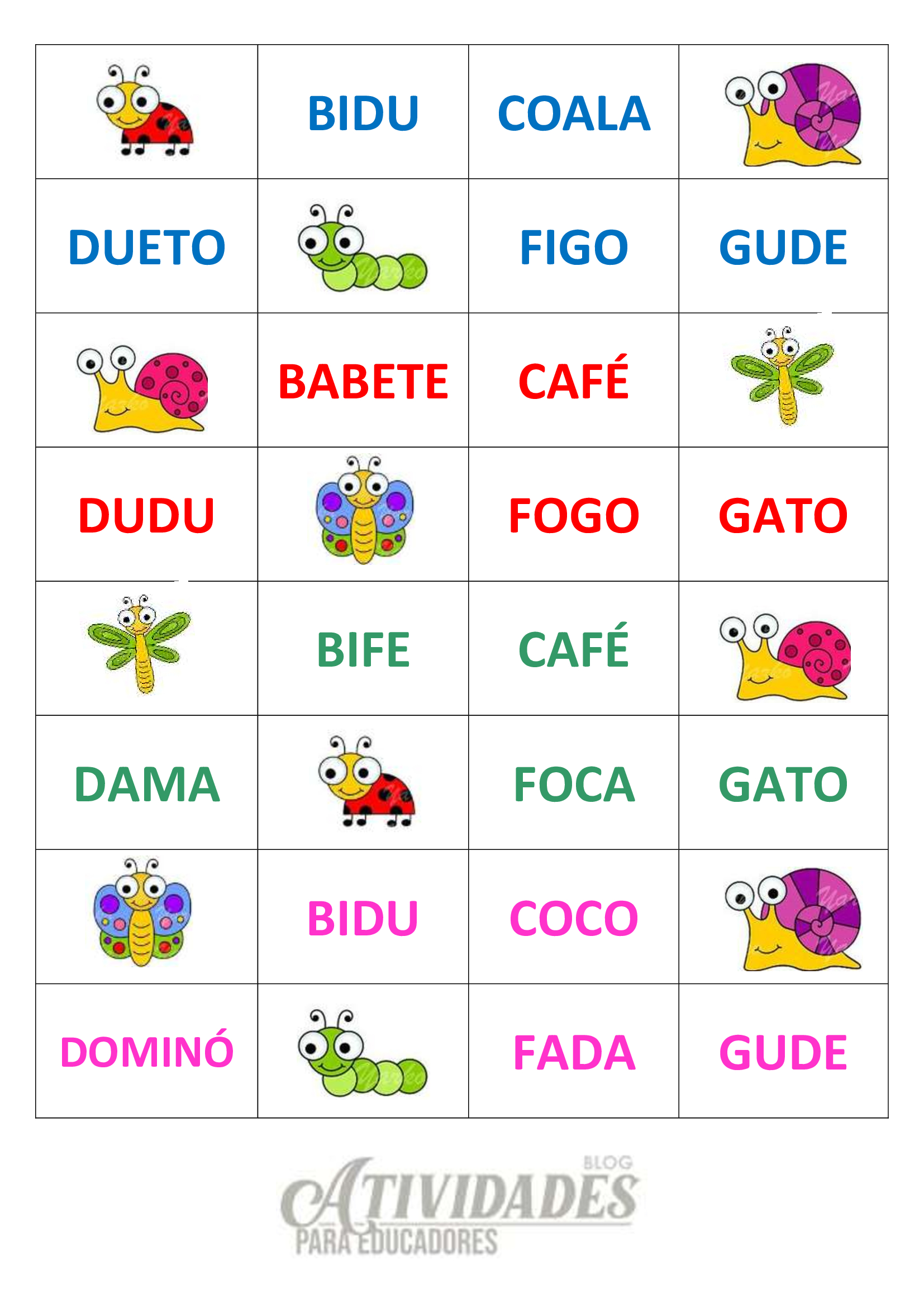 Cartelas do bingo com palavras que têm B, C, D, F, G
