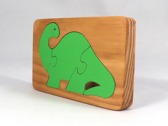 Wood Dinosaur Tray Puzzle, Handmade and Finished with Amber Shellac and Green Acrylic Paint