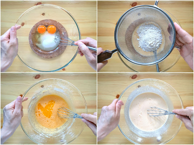 ボウルに砂糖、塩、卵を泡だて器で混ぜ、薄力粉を振るいにかけながら溶かしバターを加えます。  牛乳、生クリーム、洋酒を加え、分離しないように混ぜ合わせます。