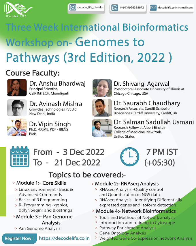 Three Week International Bioinformatics Workshop on- Genomes to Pathways (3rd Edition, 2022) | December 3 - 21, 2022