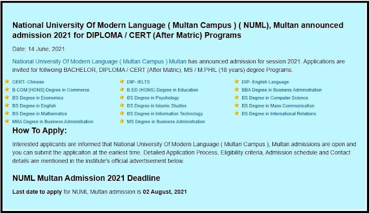 National University Of Modern Language NUML Fall Admission Announced 2021