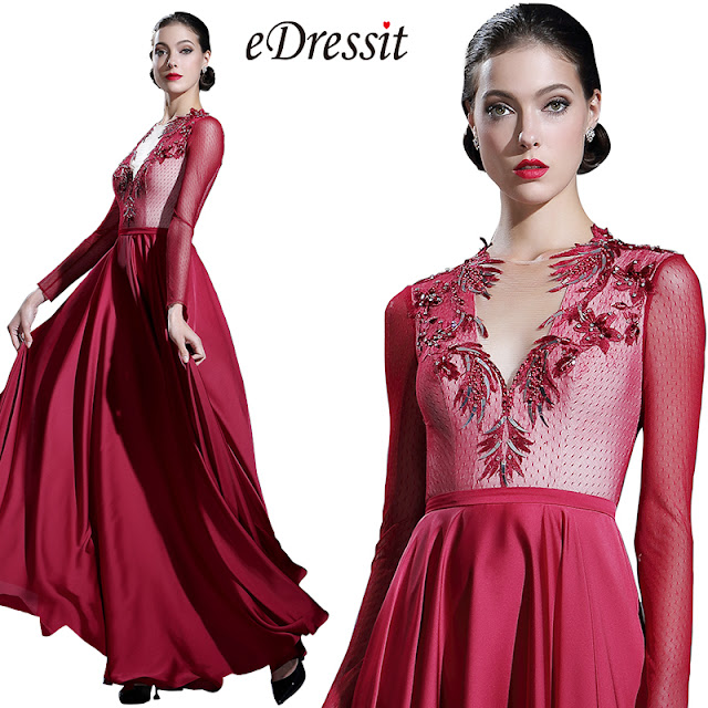  Long Sleeves Burgundy Formal Evening Gown 