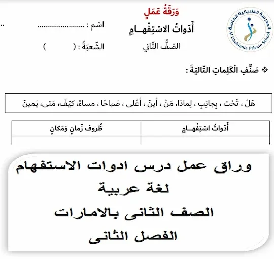 وراق عمل درس ادوات الاستفهام لغة عربية الصف الثانى بالامارات الفصل الثانى