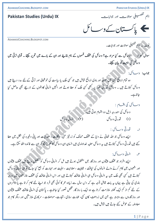 Resources-of-Pakistan-Descriptive-Question-Answers-Pakistan-Studies-Urdu-IX