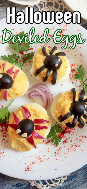 image of spider deviled egg with text for pinterest.