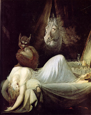 "Nachtmahr" ("Night-mare"), by Johann Heinrich Füssli (1802), depicts an Alp sitting on the sleeper's chest, with a mara staring through the background.