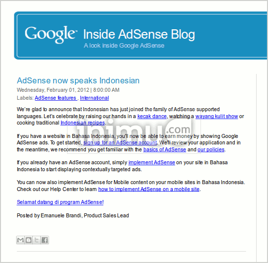 Pengumuman resmi Google Adsense dukung Bahasa Indonesia