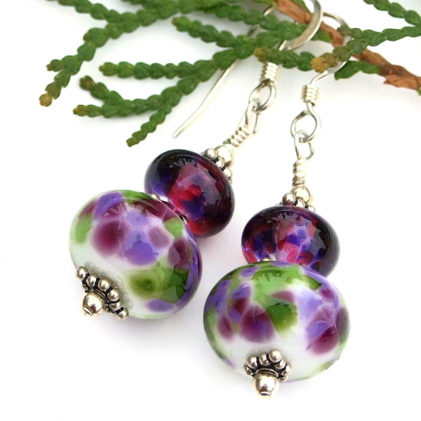 lampwork glass earrings in purple green white