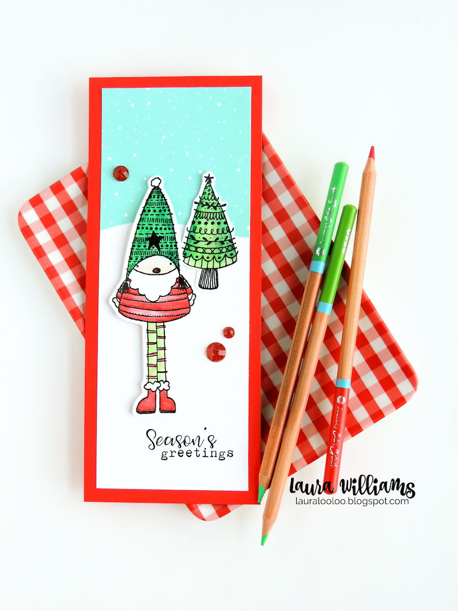 Season's Greetings holiday slimline card with the St. Nick stamp from Impression Obsession. Make a long skinny Christmas card that fits in a standard business envelope. This fun slim line size card is so trendy right now! Click to see ideas for festive Christmas cards using stamps and dies, on my blog.