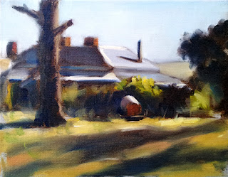 Oil painting of a Victorian-era house, trees, and water cart, illuminated by afternoon sunlight.