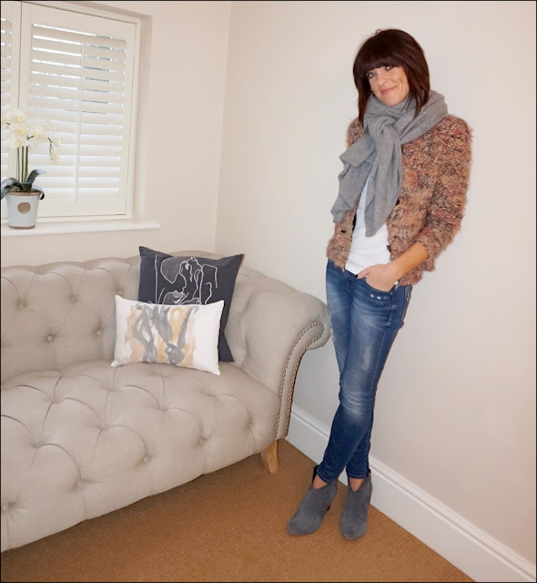 My Midlife Fashion, Zara cashmere scarf, j crew vintage long sleeve tee, iro paris helga jacket, zara skinny distressed jeans, hush thornton ankle boots