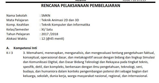  Rpp  Teknik Animasi  2D  Dan  3D  Kurikulum 2013 Revisi TKJ