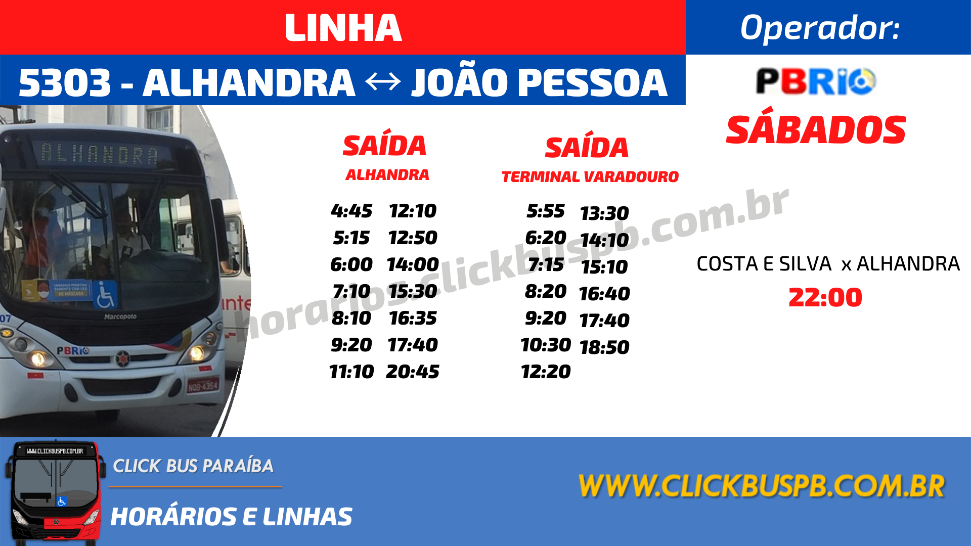 Horários da linha de ônibus 5303 Alhandra via Mata Redonda / João Pessoa - Sábados