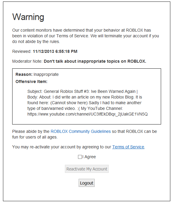 The Robloxian News Really Roblox Warned Twice In One Day - don t post inappropriate topics on roblox now i have produced about 20 video s in this format and this is the first time i got this type of warning