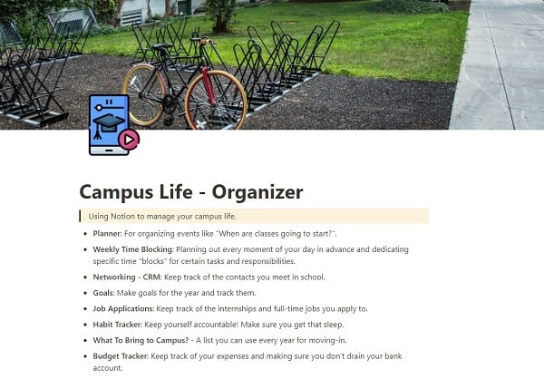 Campus Life Organizer Notion Template Download for free