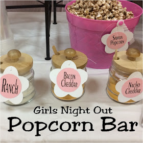 Everyone loves Popcorn, and throwing together a quick popcorn bar is the perfect dessert treat for any occasion. But when the girls are getting together, we need a
 little bit of fluff and a lot of food.  Check out this quick and easy Popcorn bar using items you probably already own!