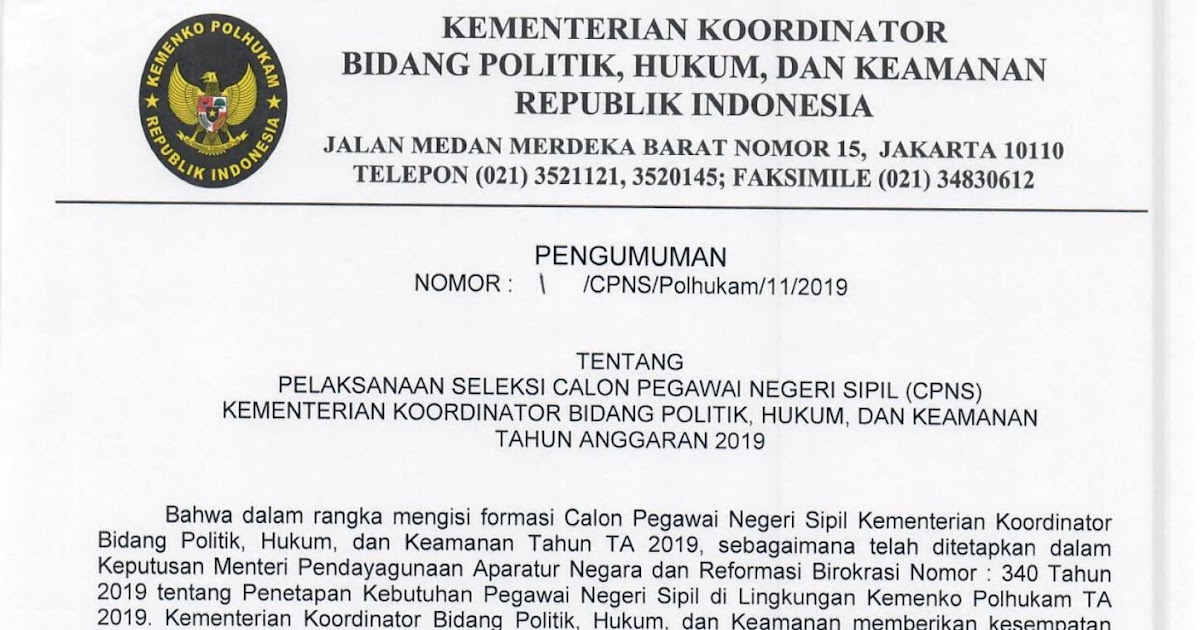 Lowongan Kerja Lowongan CPNS Kemenko Polhukam  Anggaran  [60 formasi]  April 2024