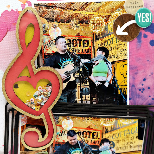 Let's rock bar gig rock and roll scrapbook layout with chipboard embellishments and treble clef shaker.