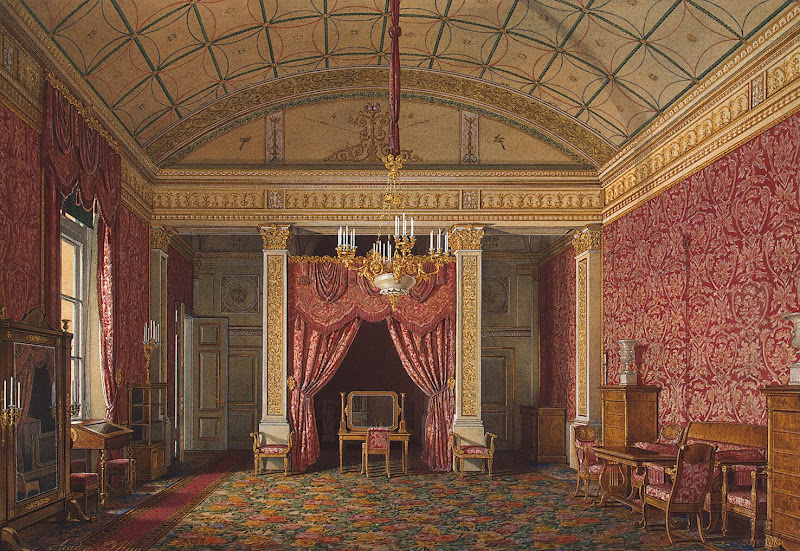 Interiors of the Winter Palace. The First Reserved Apartment. The Bedroom of Grand Princess Maria Nikolayevna by Edward Petrovich Hau - Architecture, Interiors Drawings from Hermitage Museum