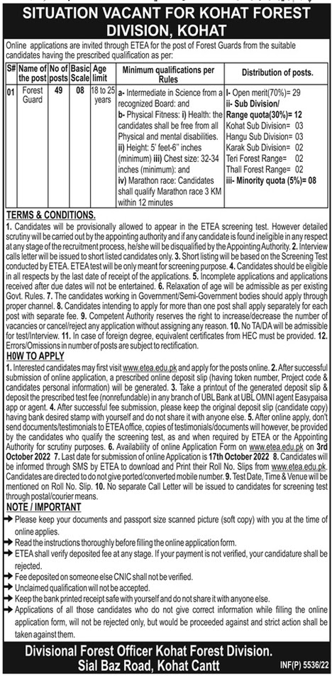 Forest Division Kohat Jobs 2022 - ETEA Forest Guard Jobs 2022