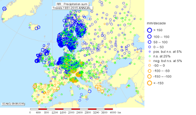 Carte de la tendance des pluies en Europe ces 50 dernières années avec schématiquement une hausse au Nord du 45°N et une baisse au Sud du 45°N.