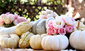 white pumpkins, shades of pale pink flowers, unique fall colors