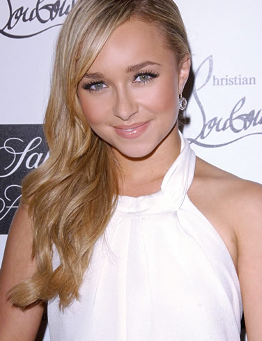 Hayden Panettiere's hairstyle with side-swept bangs and blonde highlights.