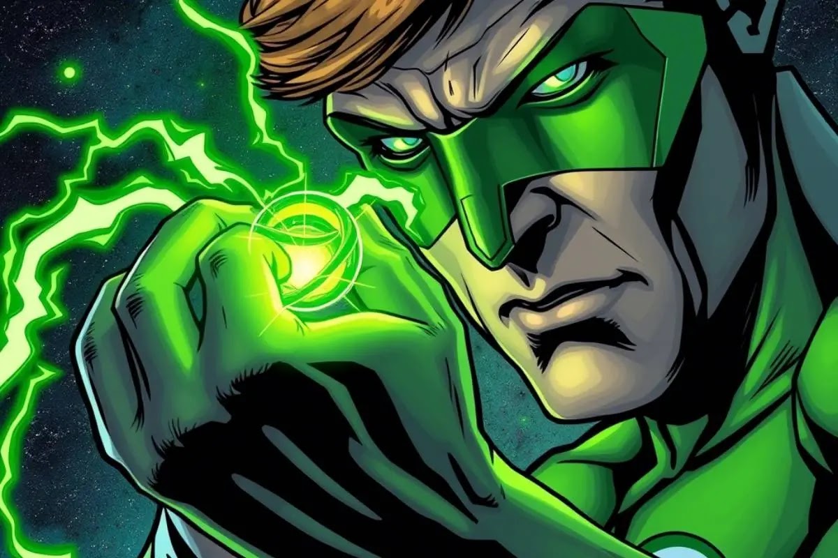 A Green Lantern uses their power ring to create a detailed and imaginative green energy construct in space.