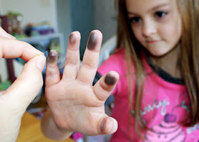 After creating an ink pad of sorts by heavily coloring with pencil onto scrap paper, Tessa rubbed her fingertips along the leaded spot until they were sufficiently coated with graphite. Then, I used pieces of transparent tape to lift her fingerprints and adhere them to the lab sheet.
