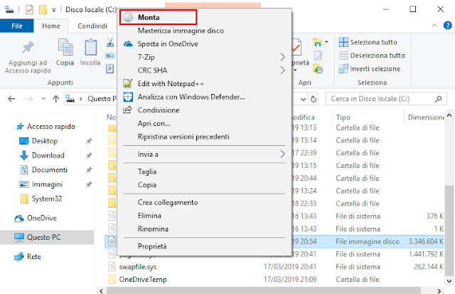 Windows 10, Montare un'immagine ISO