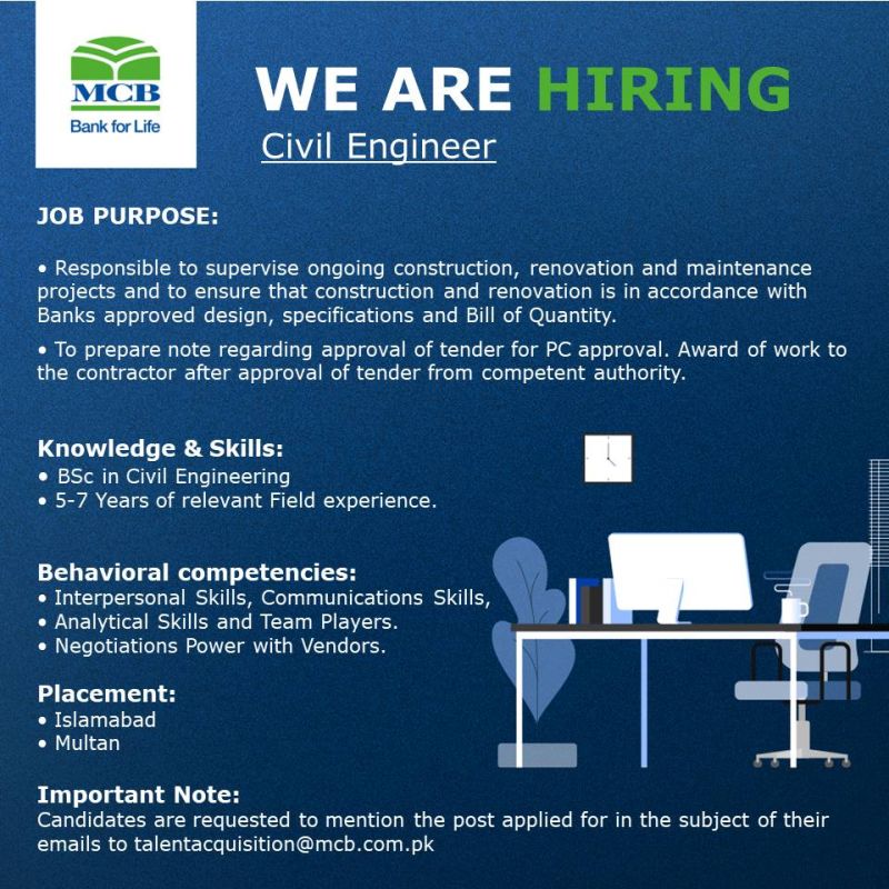 MCB Bank Ltd Jobs For Civil Engineer