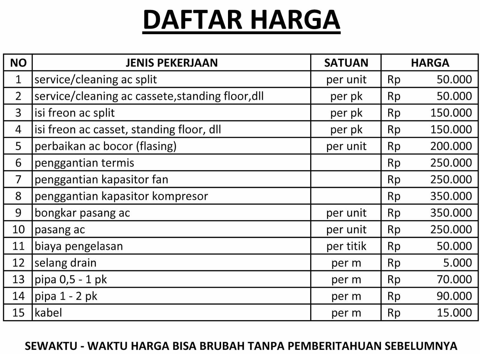 DAFTAR HARGA service ac jabodetabek call 089630090913 