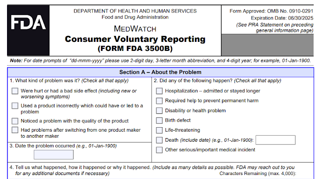 Form 3500B for Consumer Voluntary Reporting  Medical Device regulatory