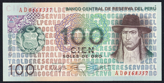 Peru money currency 100 Soles de Oro banknote 1976 Tupac Amaru II