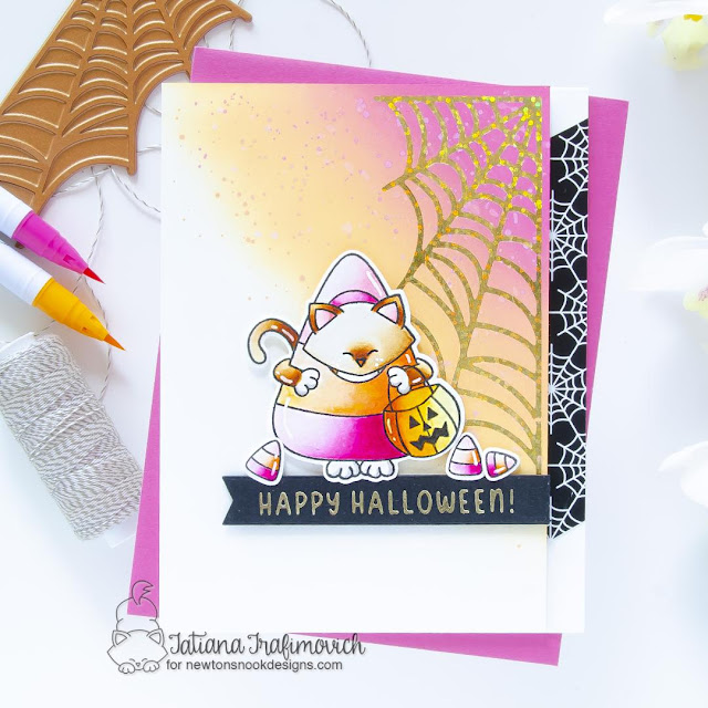 Candy Corn Cat Card by Tatiana Trafimovich | Candy Corn Newton Stamp Set, Spiderweb Hot Foil Plate, Spooky Sentiments Hot Foil Plates, Banner Duo Die Set and Halloween Meows Paper Pad by Newton's Nook Designs
