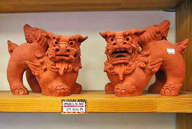Red clay Shisa, statues, pair