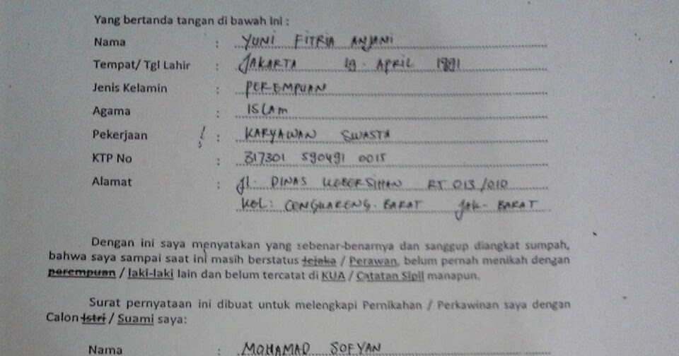 Contoh Surat Pernyataan Jejaka Jawat Koso