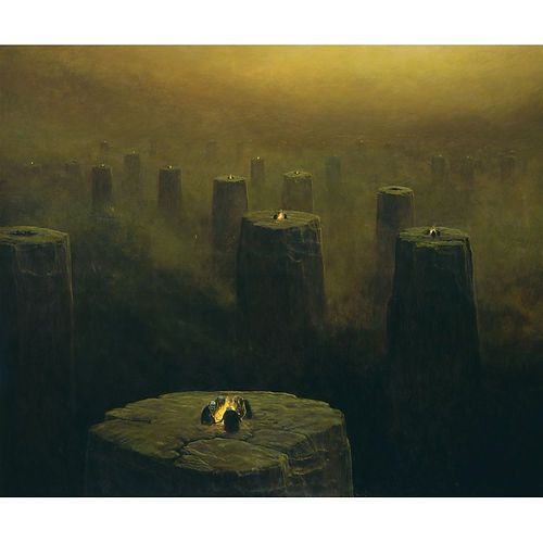 painting looking across the top of a landscape of flat-topped stone pinnacles, each with a fire burning in the middle of it. There are large gaps between each pinnacle, which are very high up. The air looks smoggy and dark with a green-brown filter. Art by Beksinski