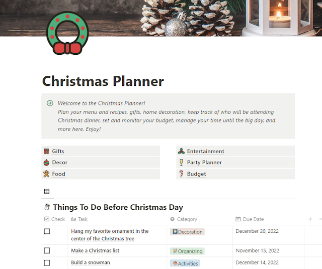 Christmas Notion Planner Template Main Page