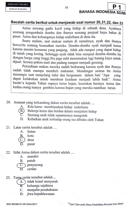 Latihan Soal dan Jawaban USBN Bahasa Indonesia SD 2019 