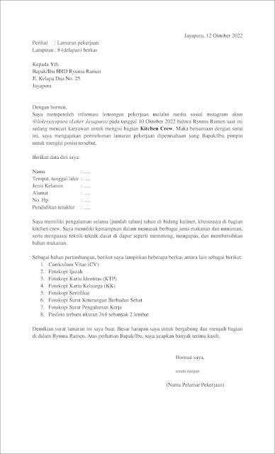 Contoh Application Letter Kitchen Crew Yang Sudah Berpengalaman Berdasarkan Informasi Dari Media Sosial