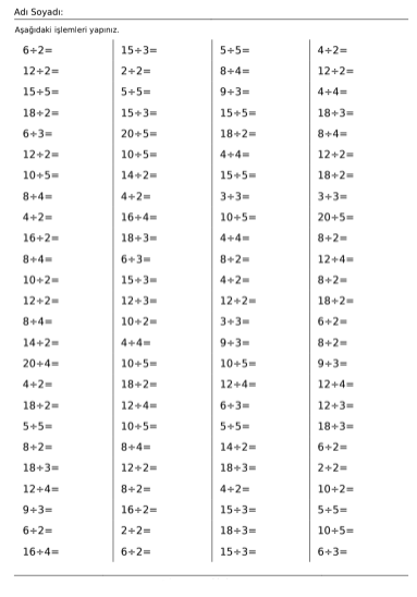 2. Sınıf, Matematik Bölme İşlemi ,yan yana bölme