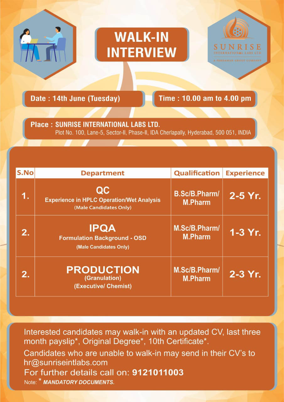 Job Available's for Sunrise International Labs Ltd Walk-In Interview for BSc/ B Pharma/ M Pharma