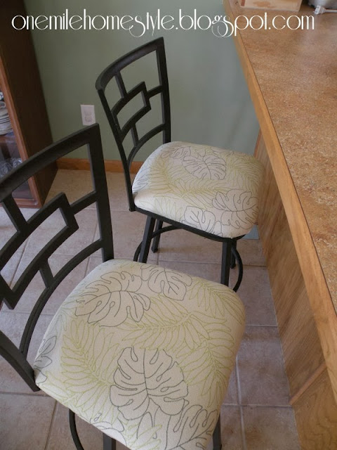 Recovered bar stools with botanical fabric